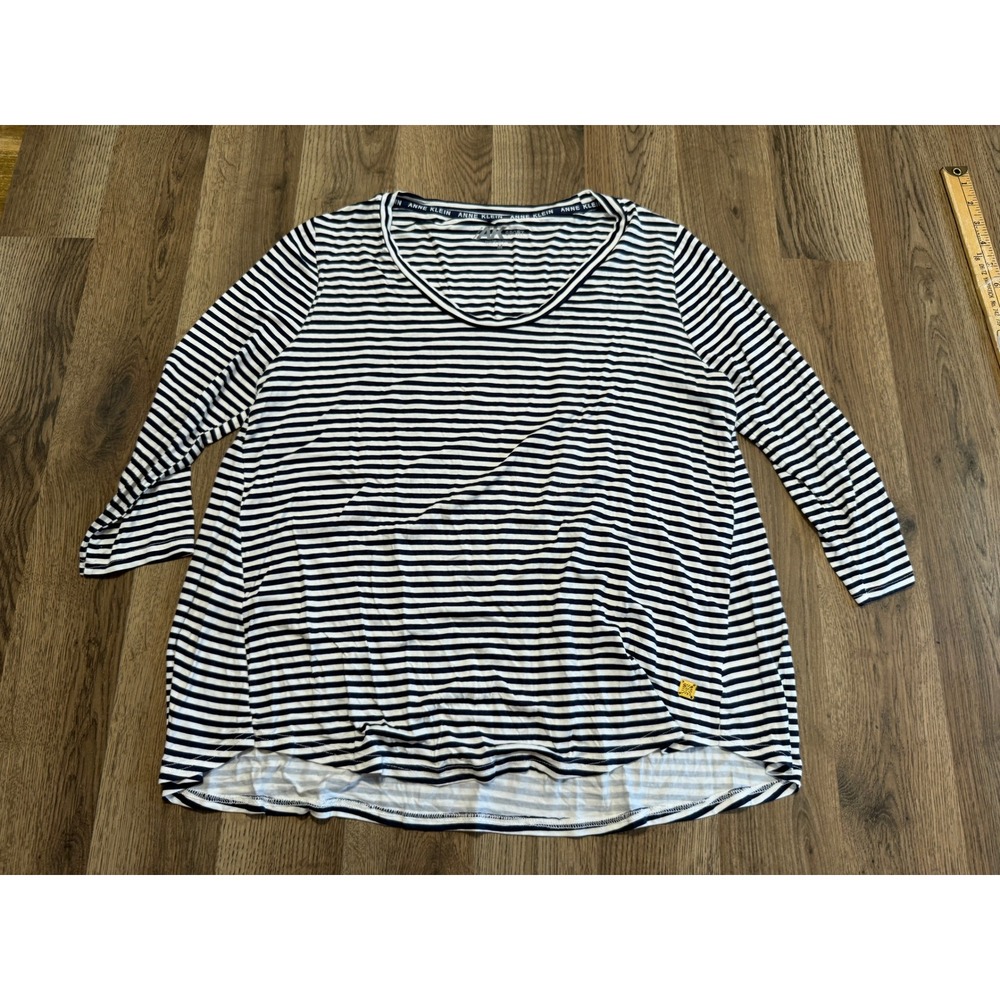 Anne Klein Sport Top Women Medium Blue White Striped Adult Mylah Scoop Neck